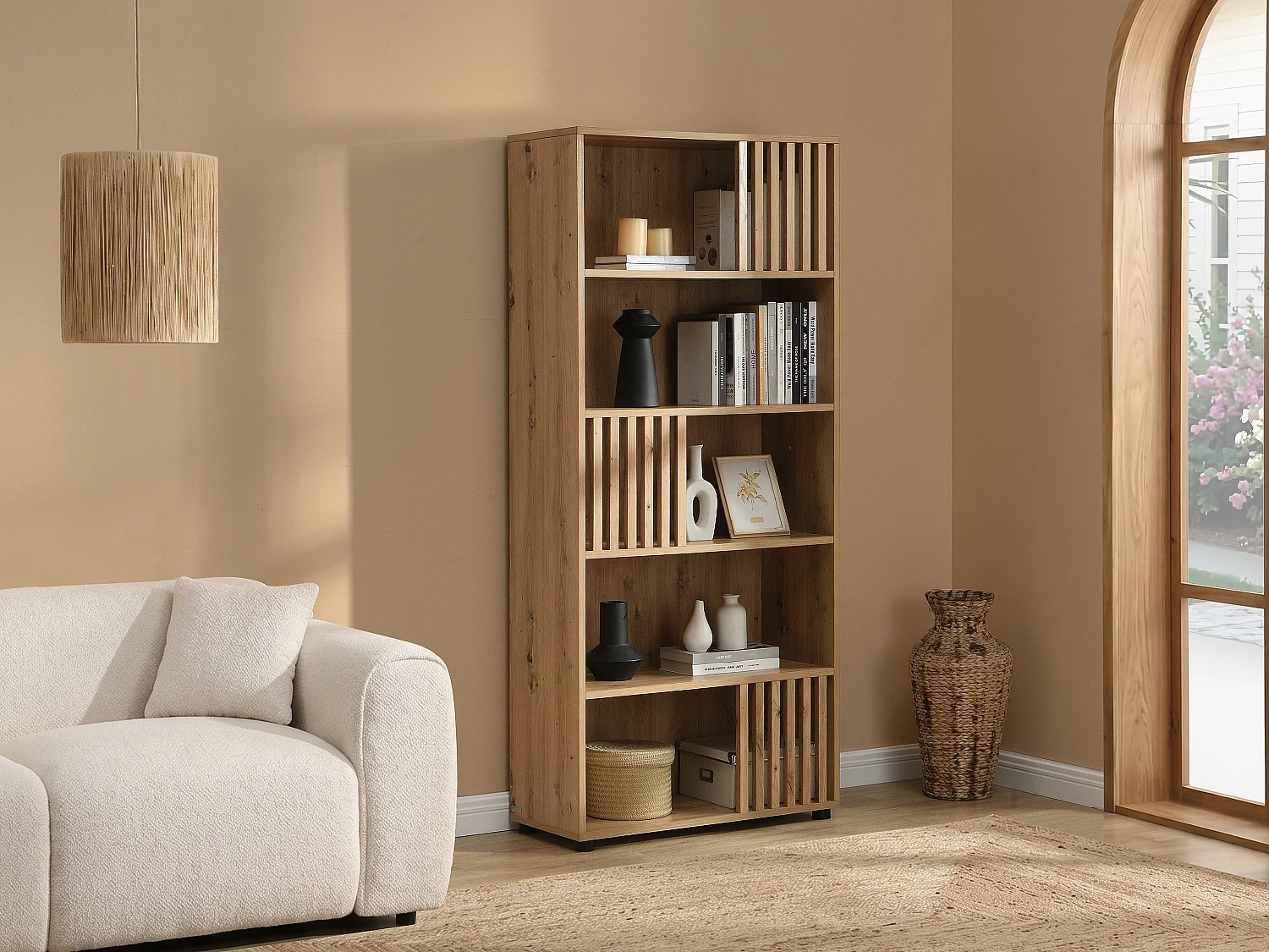 Bibliothèque avec 5 niches en MDF - Naturel clair - GLIANA