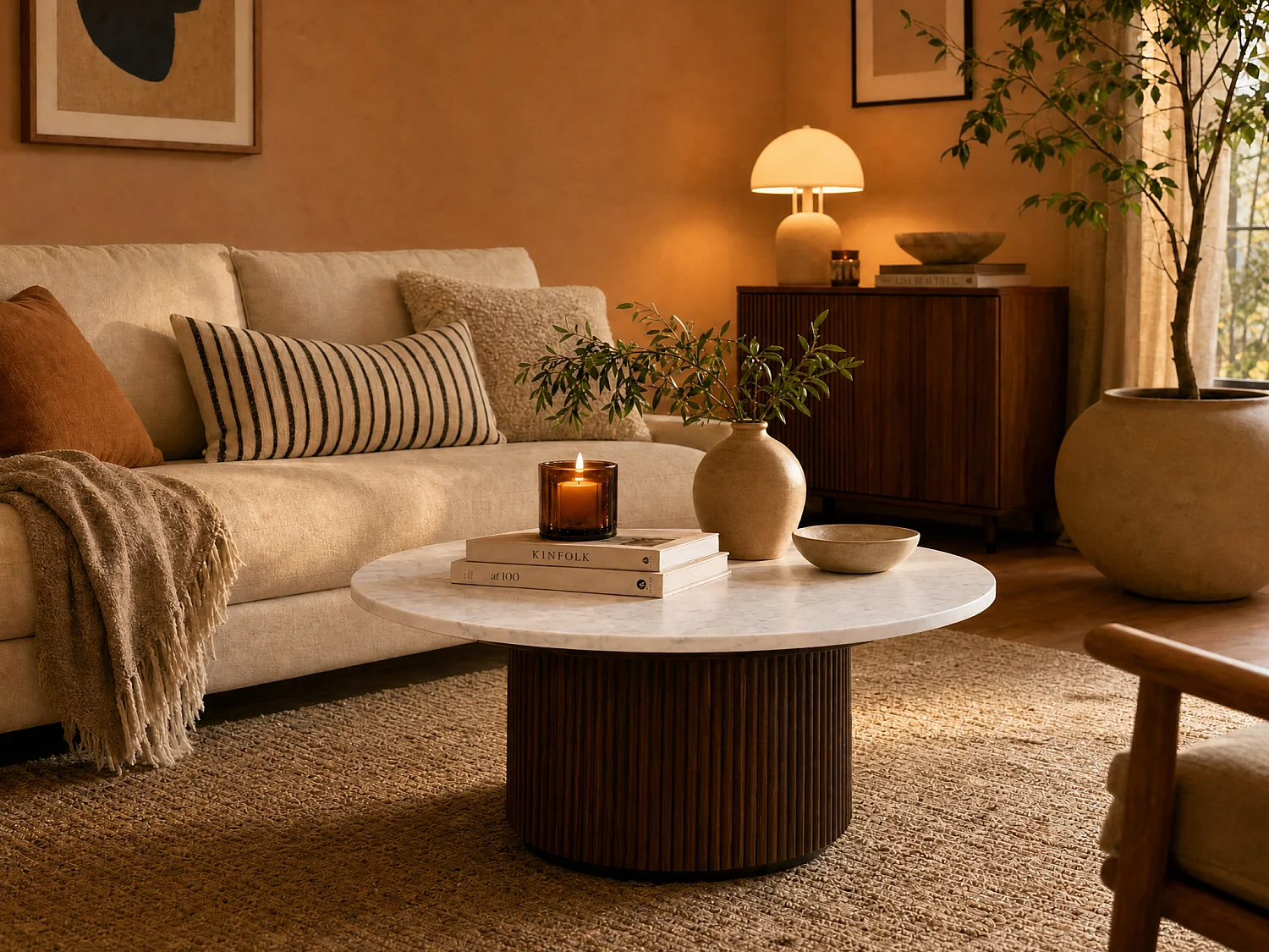Table basse en marbre et bois d'acacia - Blanc et naturel foncé - ASKAM