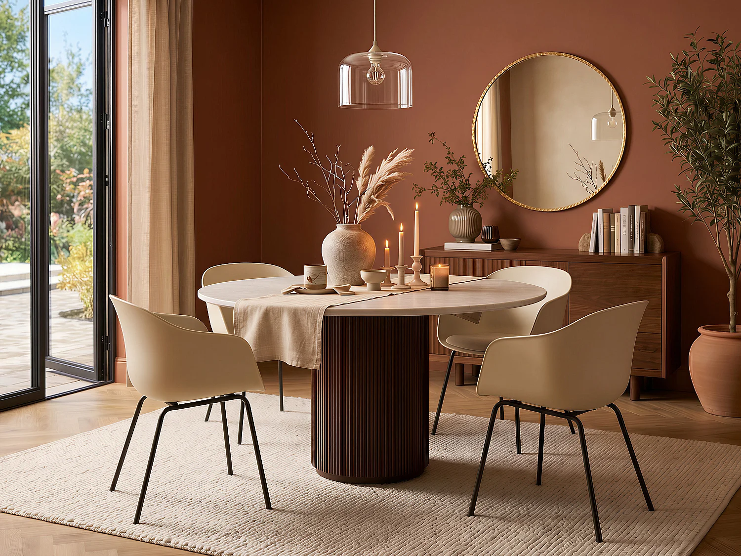 Table à manger 4 personnes en marbre et bois d'acacia - Blanc et naturel foncé - ASKAM