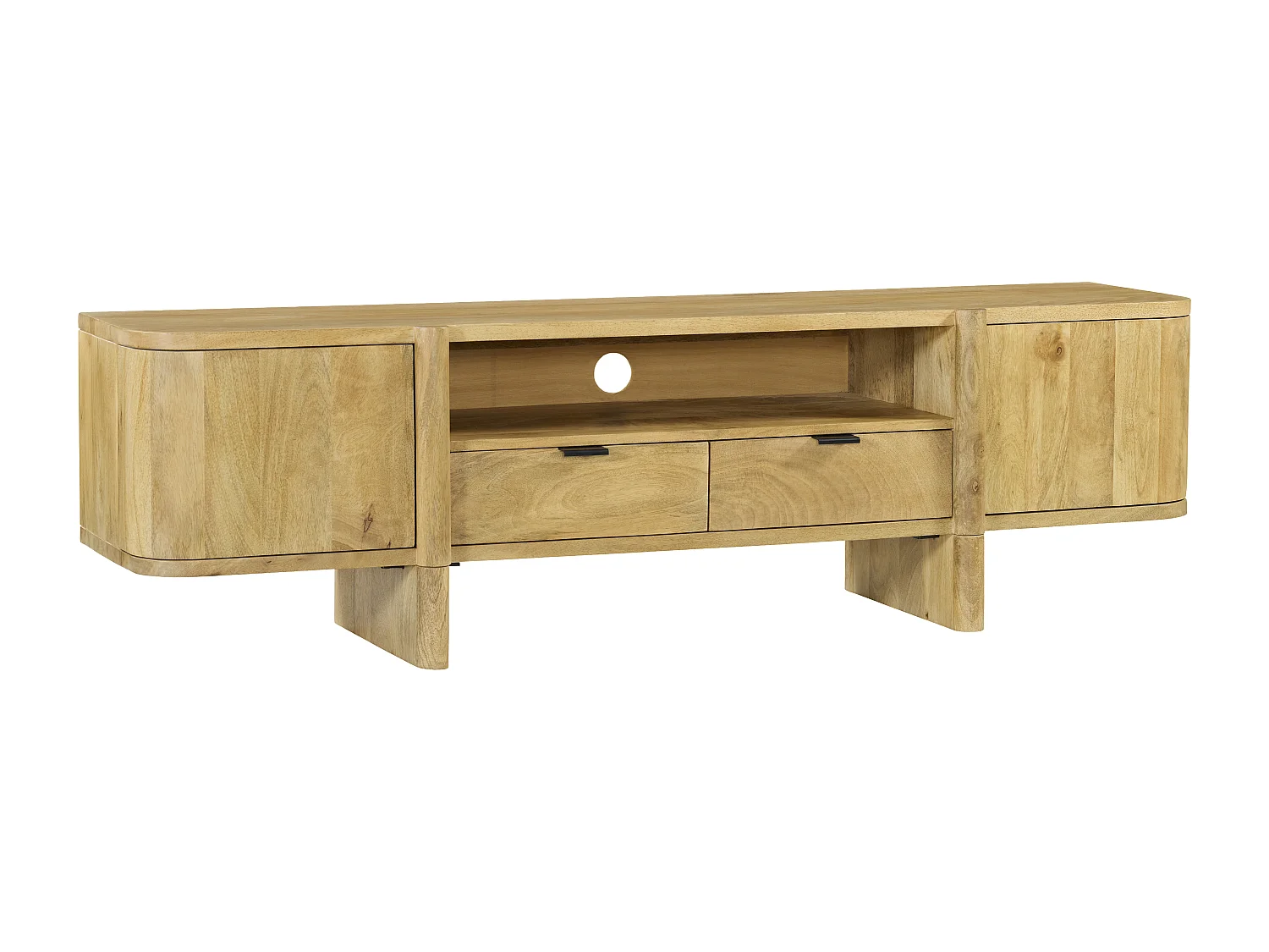 Meuble TV avec 2 portes, 2 tiroirs et 1 niche en bois de manguier - Naturel clair - MELYRAN