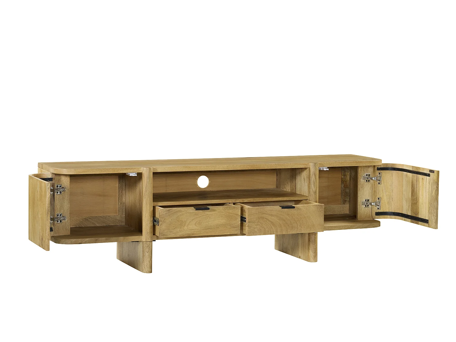 Meuble TV avec 2 portes, 2 tiroirs et 1 niche en bois de manguier - Naturel clair - MELYRAN
