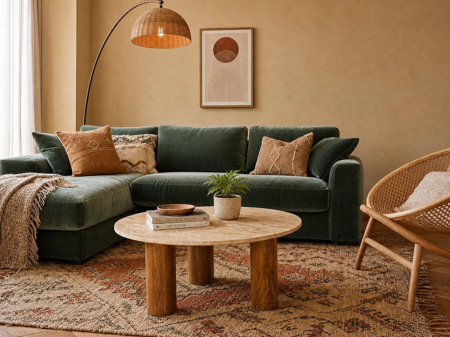 Table basse en travertin et bois de manguier - Beige et naturel - LISAVOK de Maison Céphy