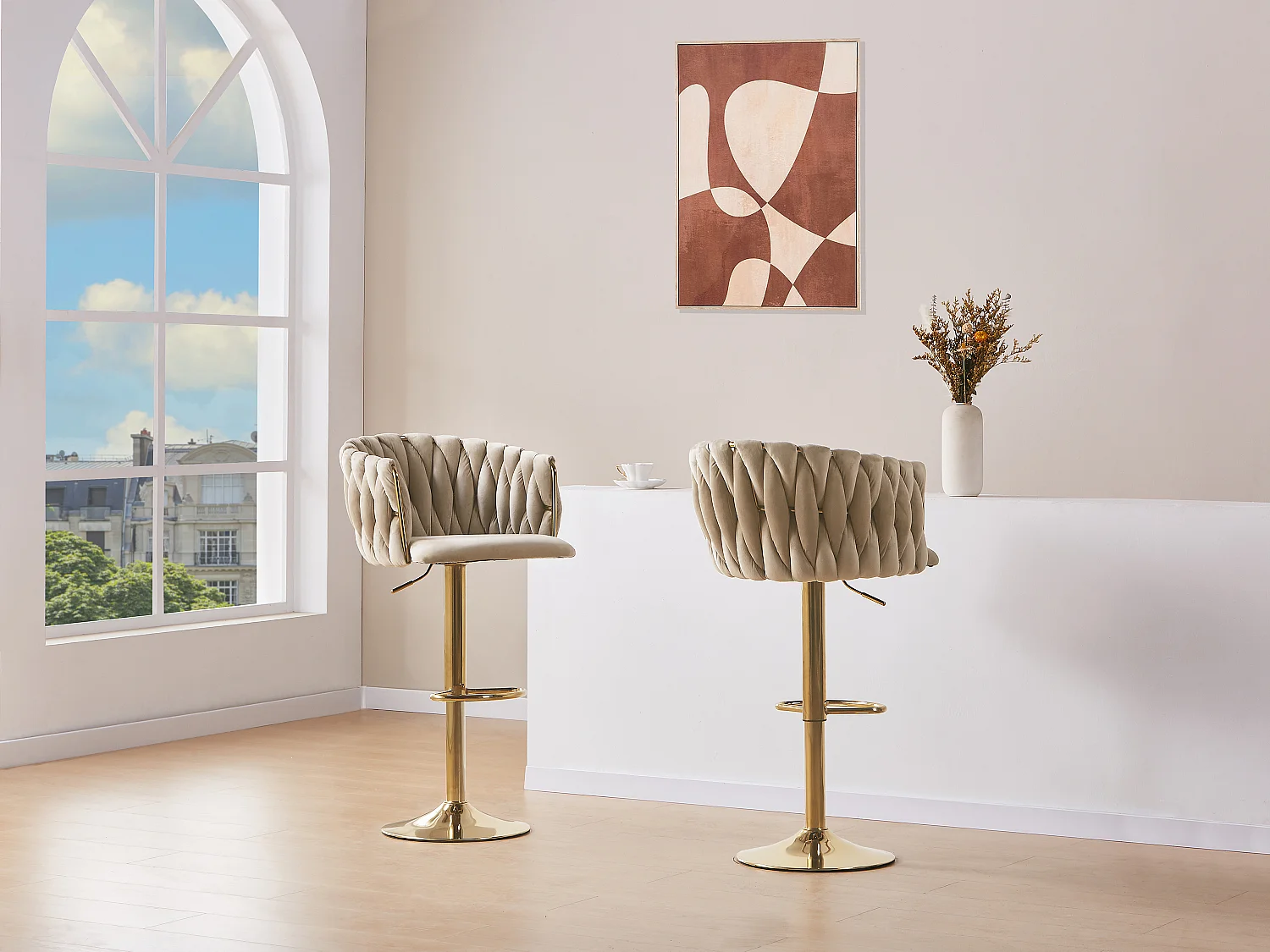 Lot de 2 tabourets de bar en velours et métal doré - Hauteur réglable - Beige - ELEGANO