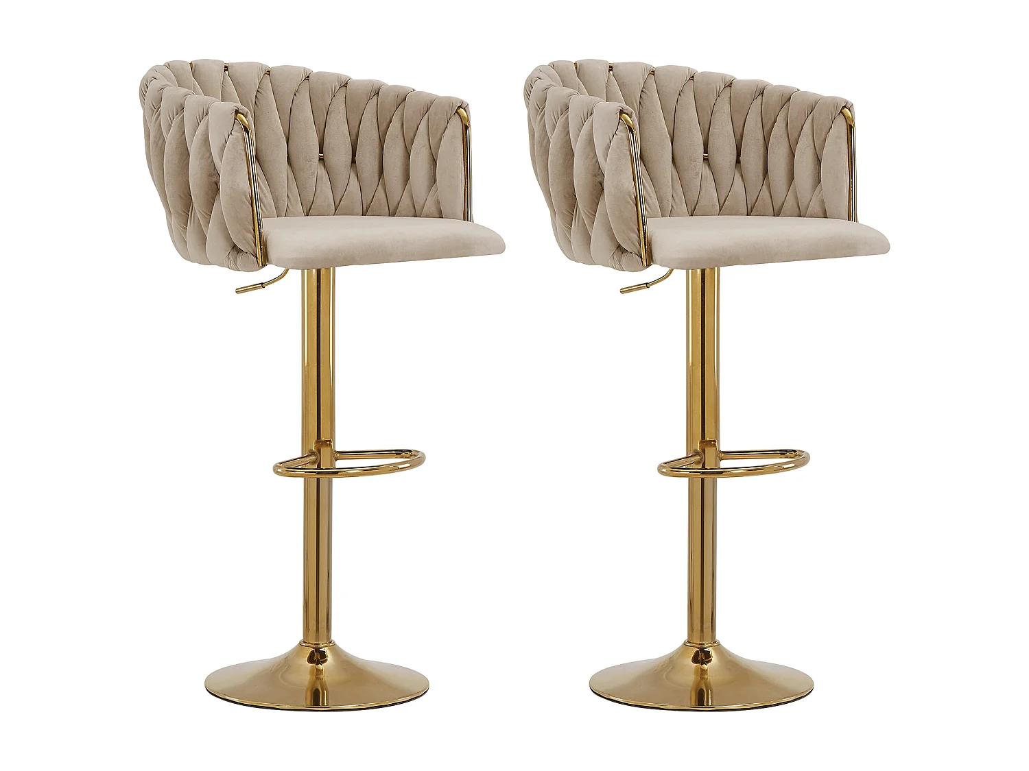 Lot de 2 tabourets de bar en velours et métal doré - Hauteur réglable - Beige - ELEGANO
