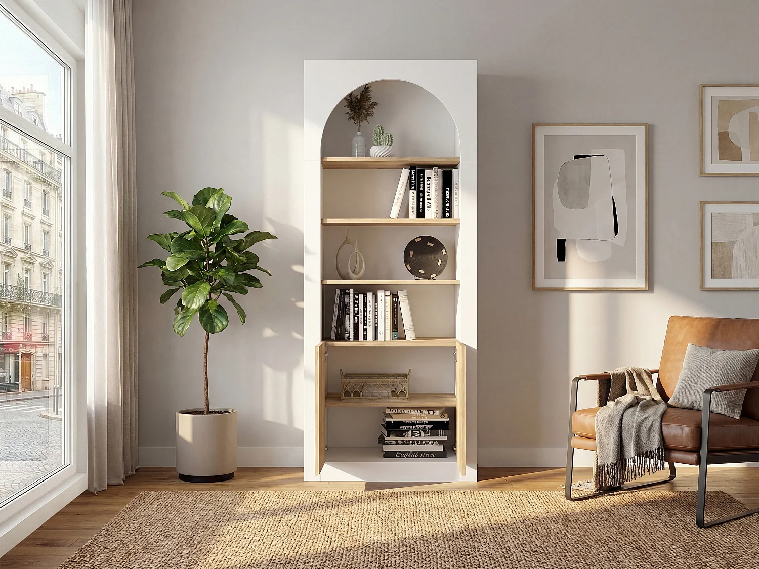 Bibliothèque avec 4 niches et 2 portes - Blanc et naturel clair - CYMORA