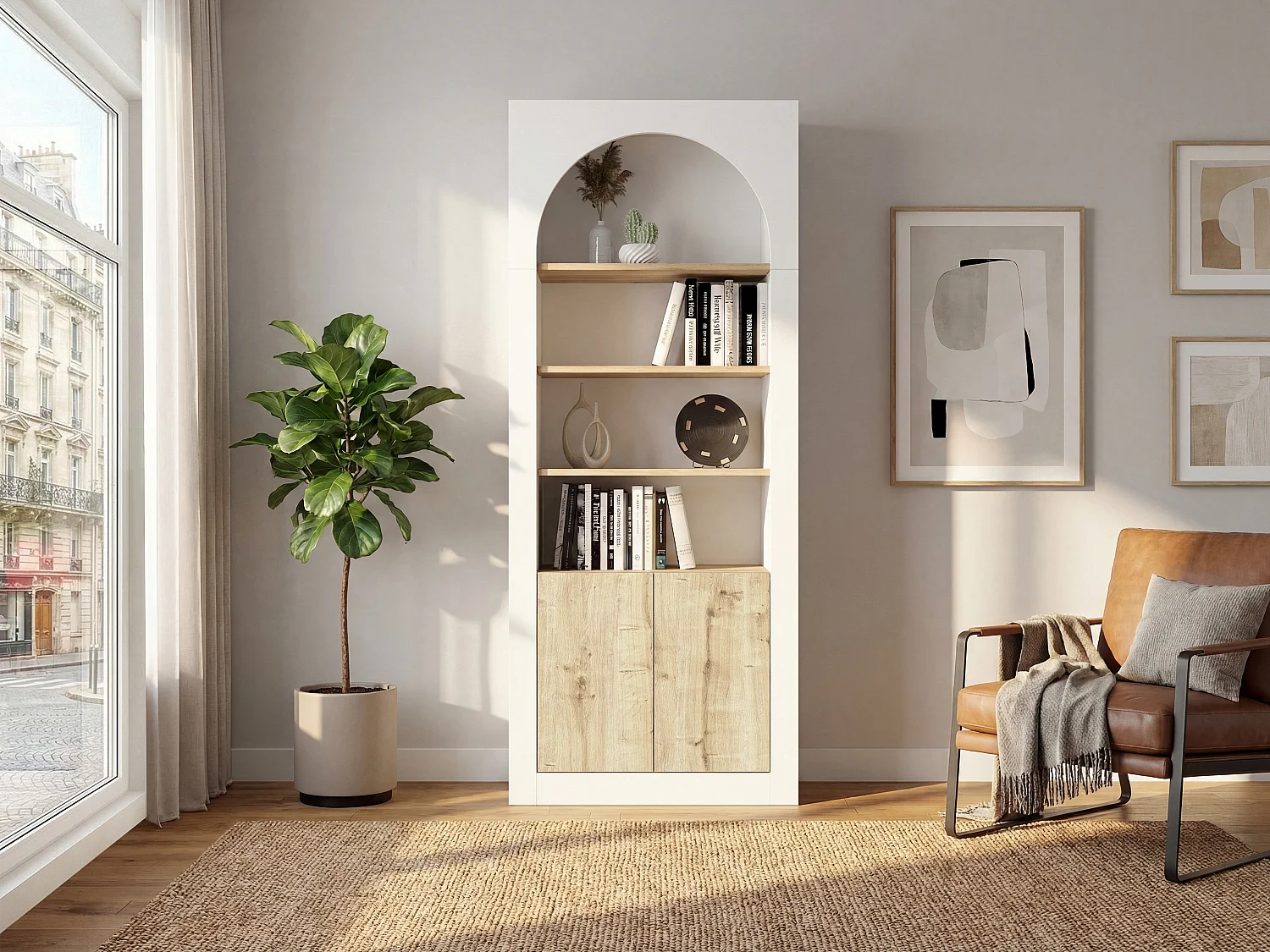 Bibliothèque avec 4 niches et 2 portes - Blanc et naturel clair - CYMORA