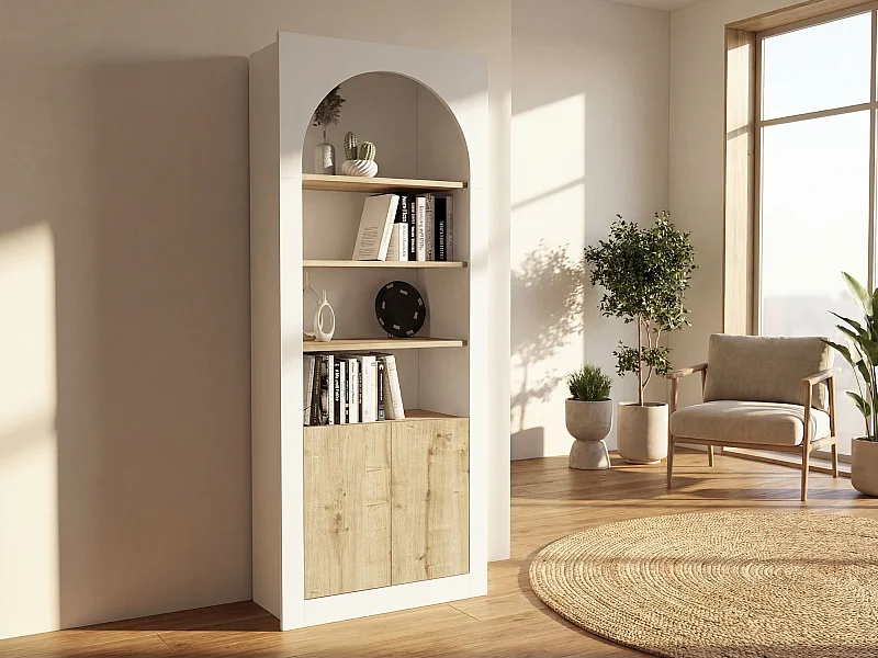 Bibliothèque avec 4 niches et 2 portes - Blanc et naturel clair - CYMORA