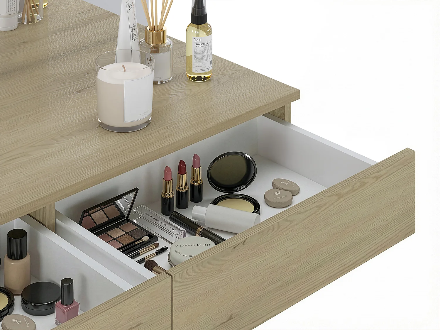 Coiffeuse suspendue avec miroir à LEDs - 2 tiroirs – Coloris : Naturel clair - JINEZA