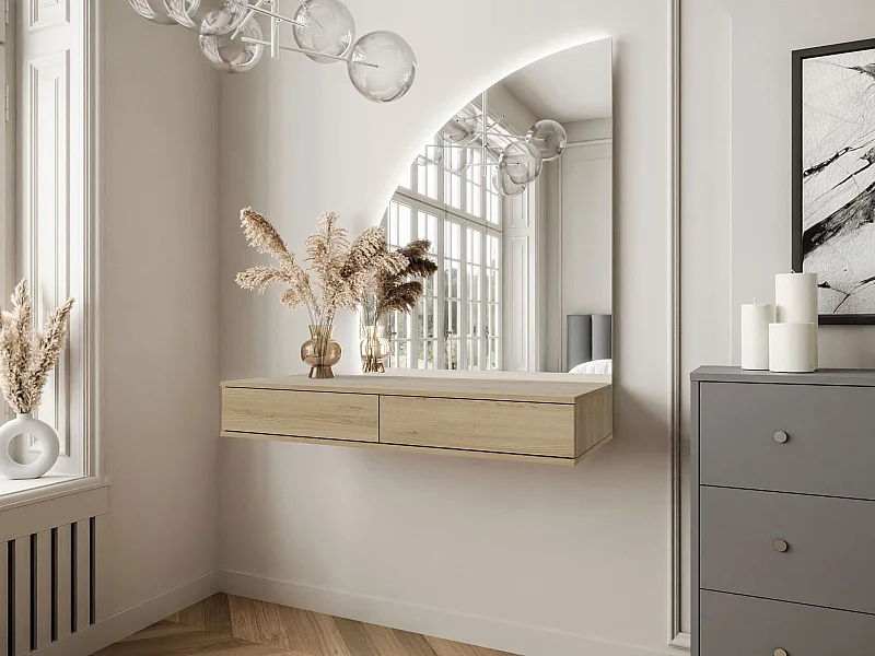 Coiffeuse suspendue avec miroir à LEDs - 2 tiroirs – Coloris : Naturel clair - JINEZA