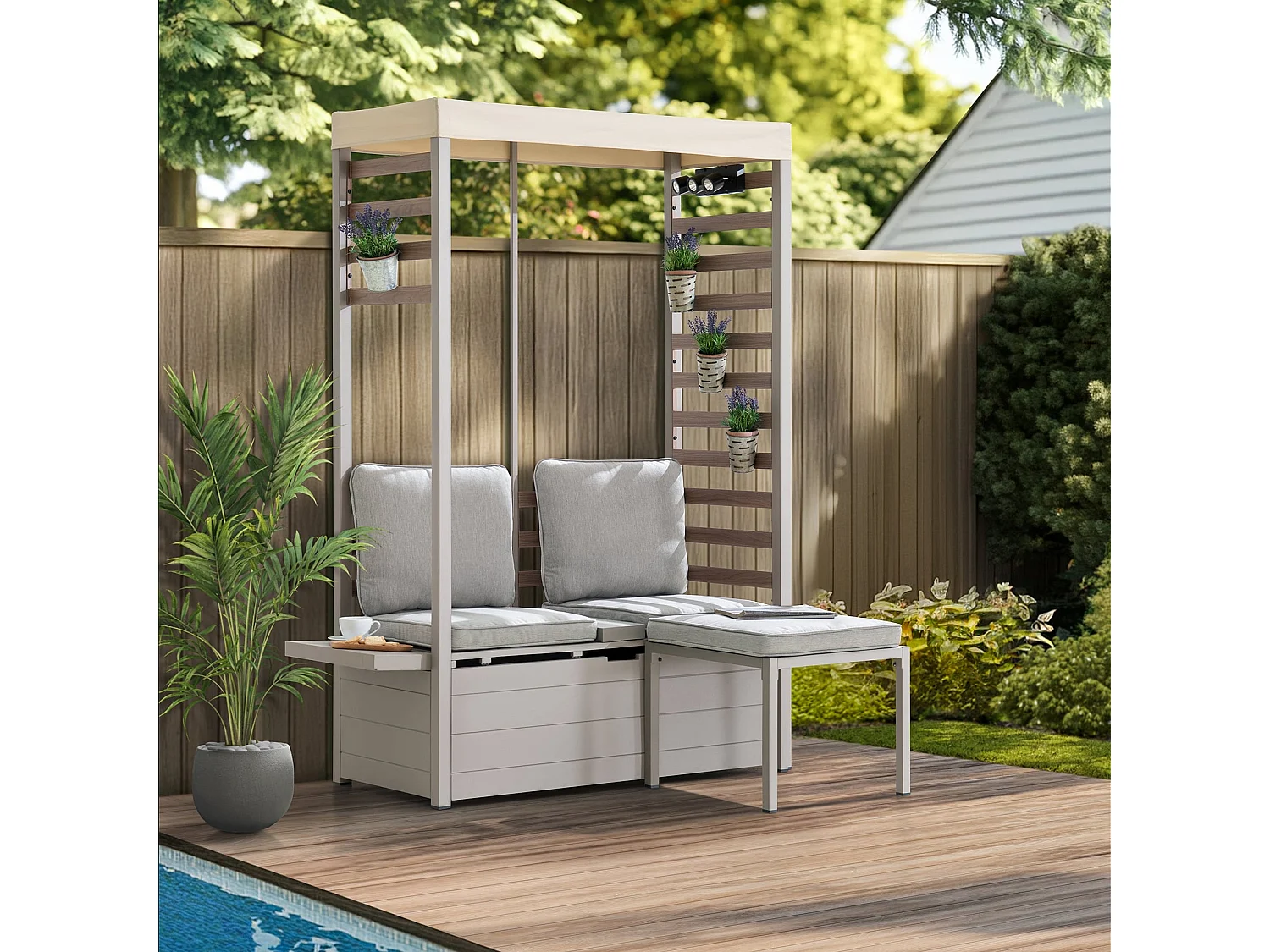 Canapé d'extérieur 2 places FARO 146 cm x 111 cm avec repose-pieds, canapé de jardin avec rangement et auvent résistant aux UV