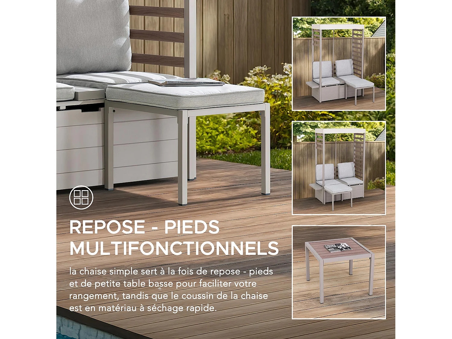 Canapé d'extérieur 2 places FARO 146 cm x 111 cm avec repose-pieds, canapé de jardin avec rangement et auvent résistant aux UV