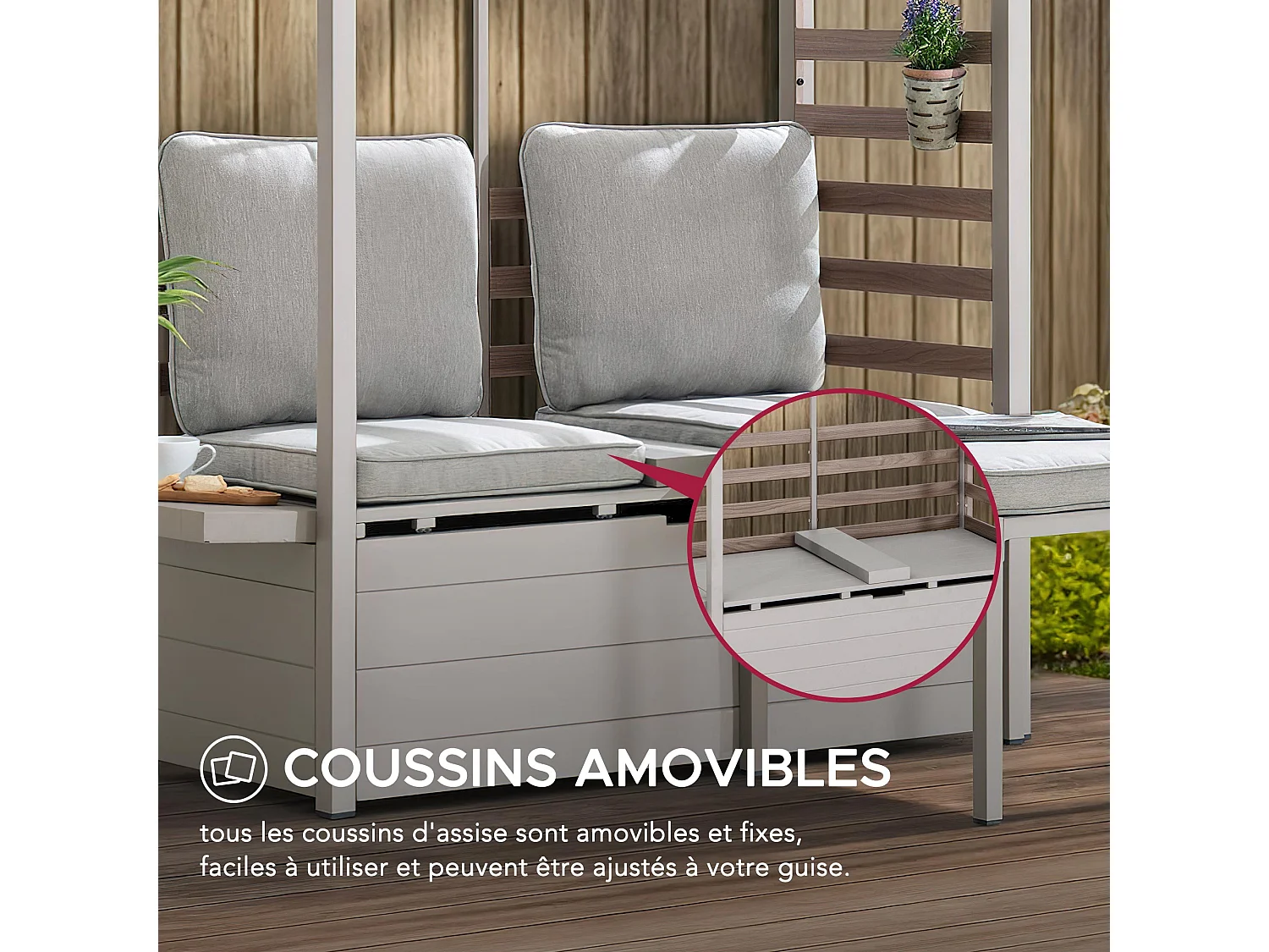 Canapé d'extérieur 2 places FARO 146 cm x 111 cm avec repose-pieds, canapé de jardin avec rangement et auvent résistant aux UV