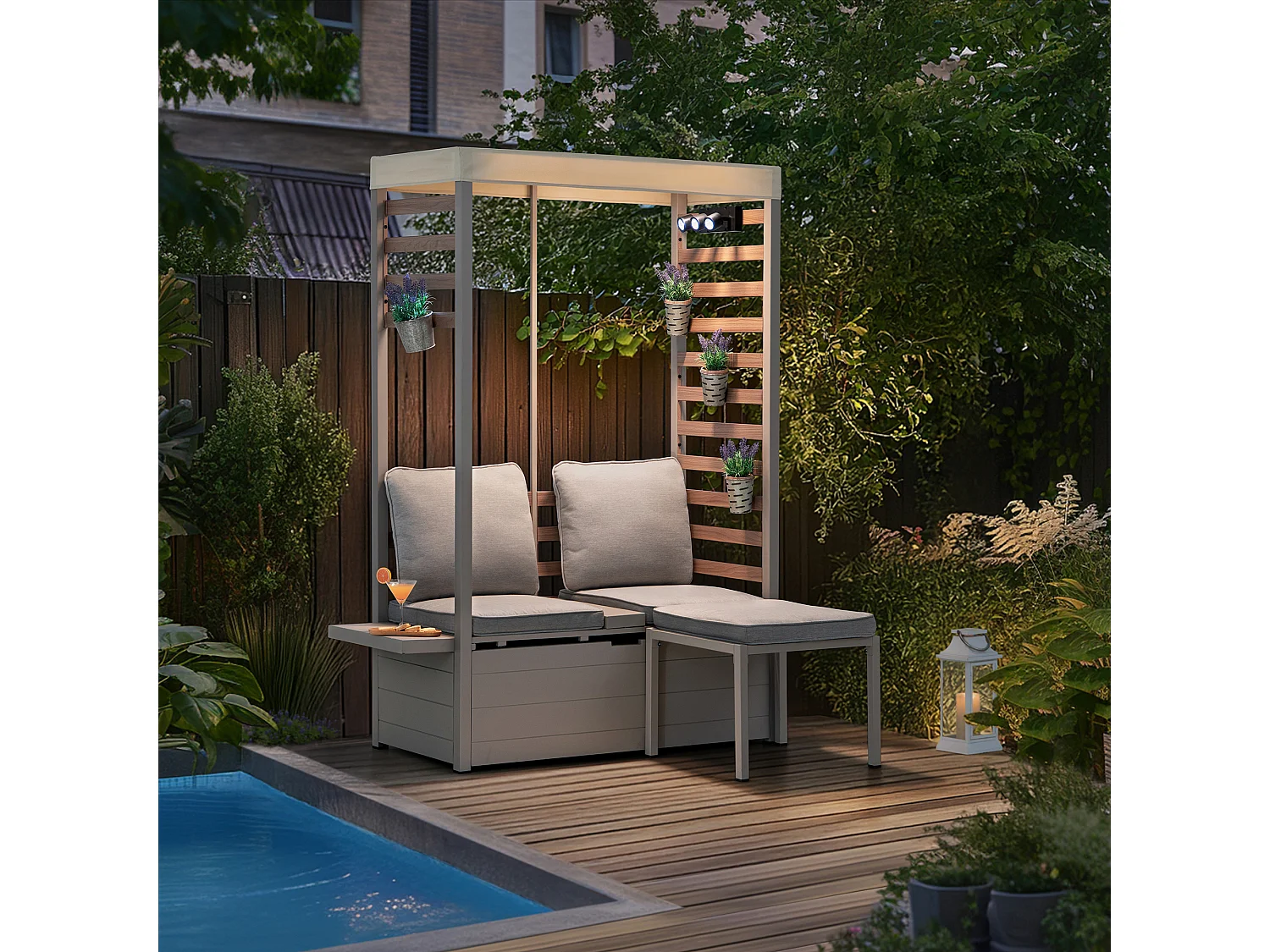 Canapé d'extérieur 2 places FARO 146 cm x 111 cm avec repose-pieds, canapé de jardin avec rangement et auvent résistant aux UV