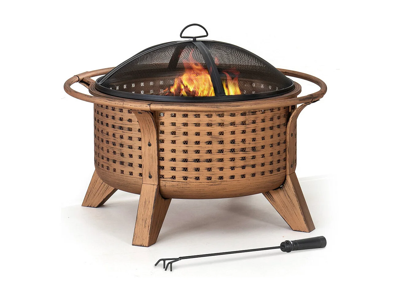 Foyer de Noël Mazama en acier cuivré de 76 cm avec pare-étincelles et tisonnier - Treillis