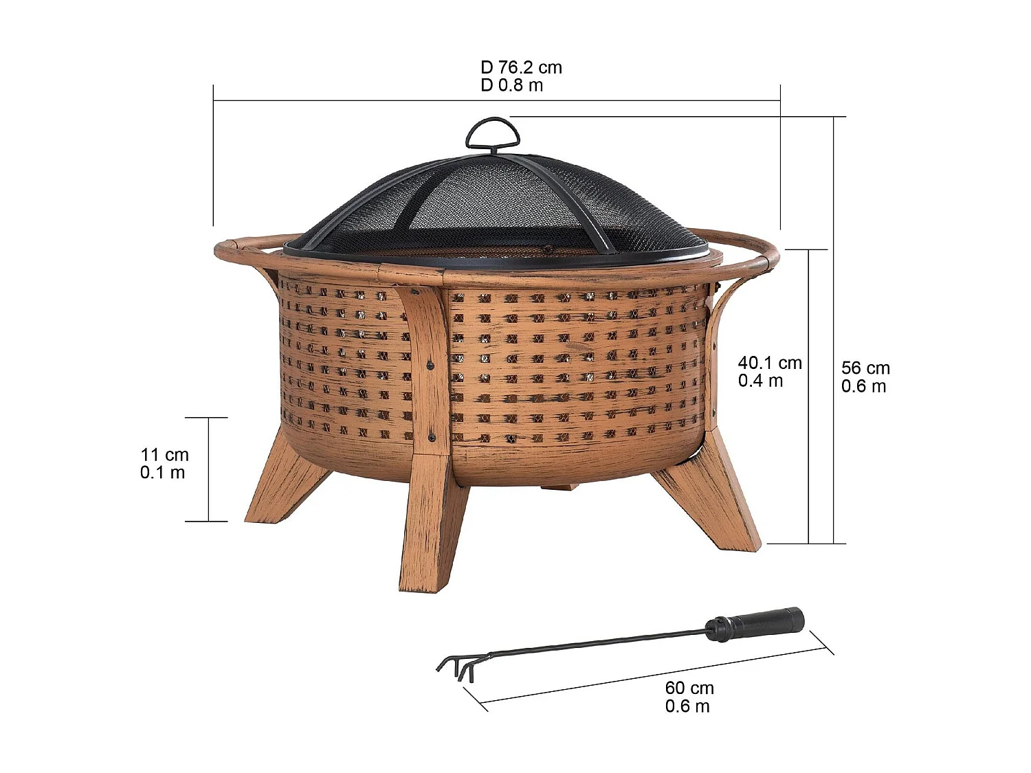 Foyer de Noël Mazama en acier cuivré de 76 cm avec pare-étincelles et tisonnier - Treillis