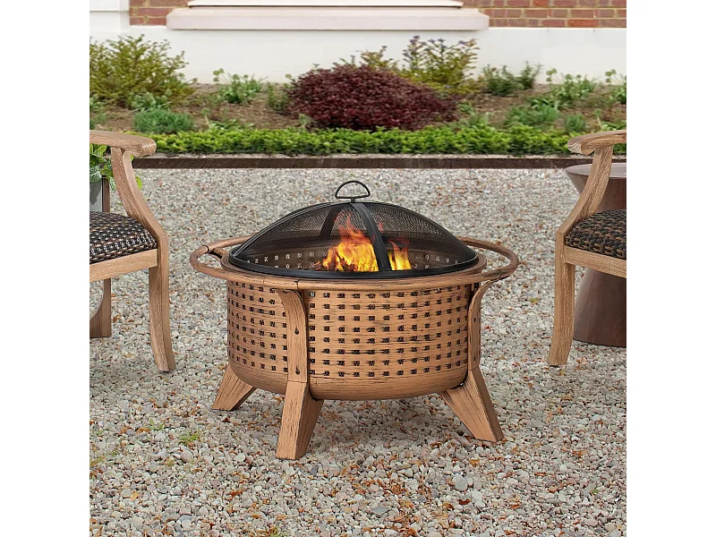 Foyer de Noël Mazama en acier cuivré de 76 cm avec pare-étincelles et tisonnier - Treillis