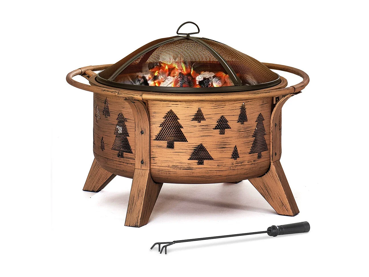 Foyer de Noël ASKJA 76 cm en acier cuivré avec pare-étincelles et tisonnier - Motif arbre