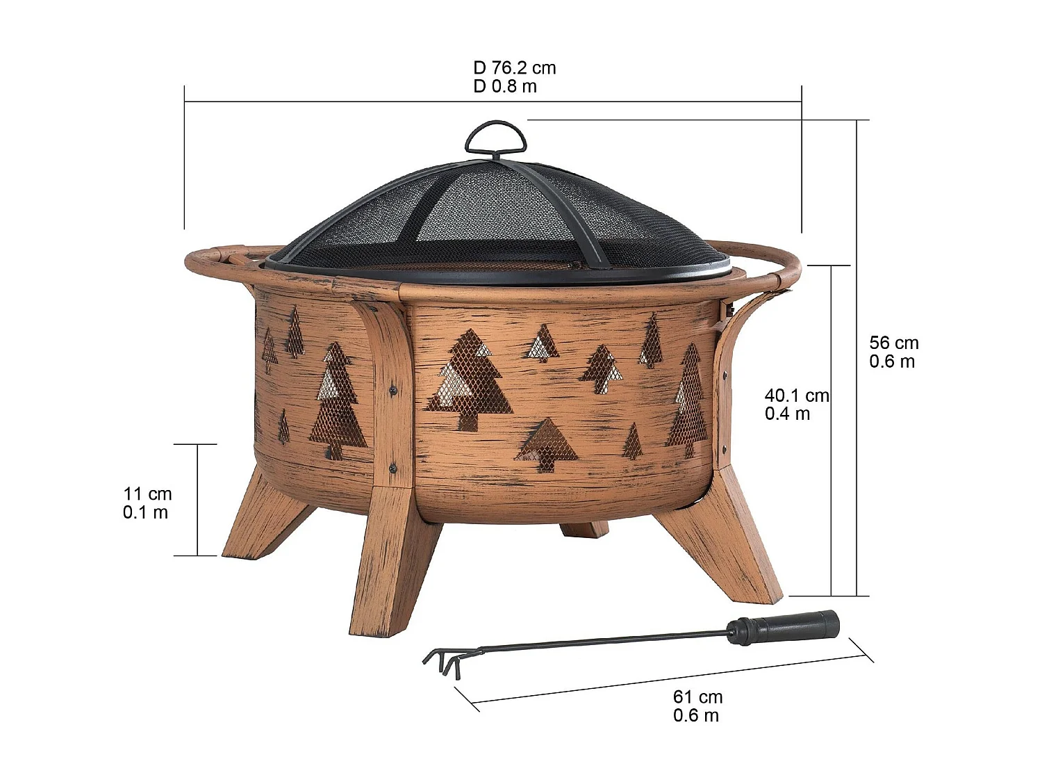 Foyer de Noël ASKJA 76 cm en acier cuivré avec pare-étincelles et tisonnier - Motif arbre