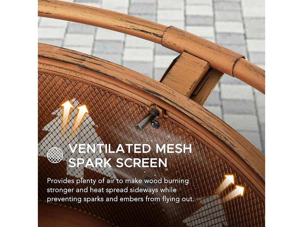 Foyer de Noël ASKJA 76 cm en acier cuivré avec pare-étincelles et tisonnier - Motif arbre