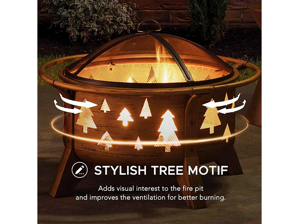 Foyer de Noël ASKJA 76 cm en acier cuivré avec pare-étincelles et tisonnier - Motif arbre