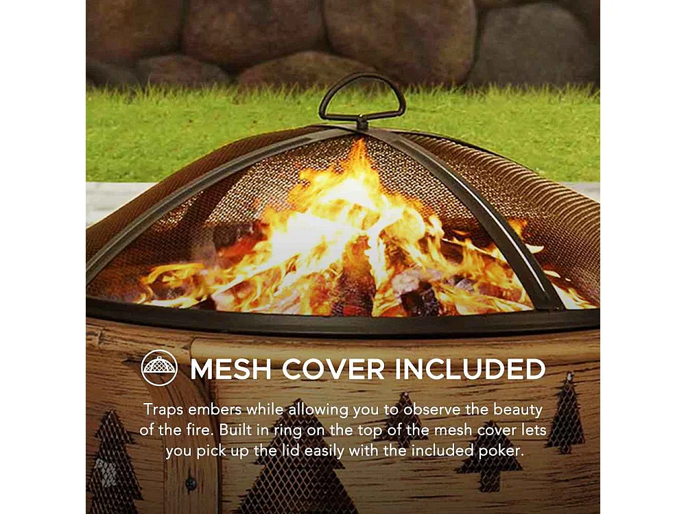 Foyer de Noël ASKJA 76 cm en acier cuivré avec pare-étincelles et tisonnier - Motif arbre