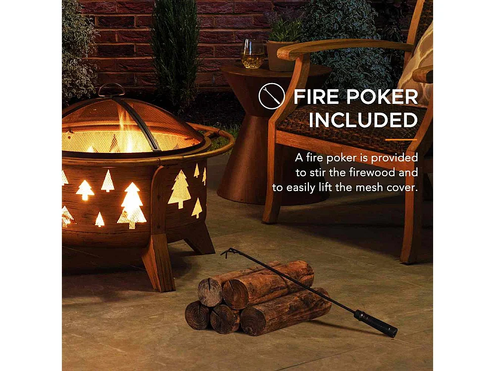 Foyer de Noël ASKJA 76 cm en acier cuivré avec pare-étincelles et tisonnier - Motif arbre