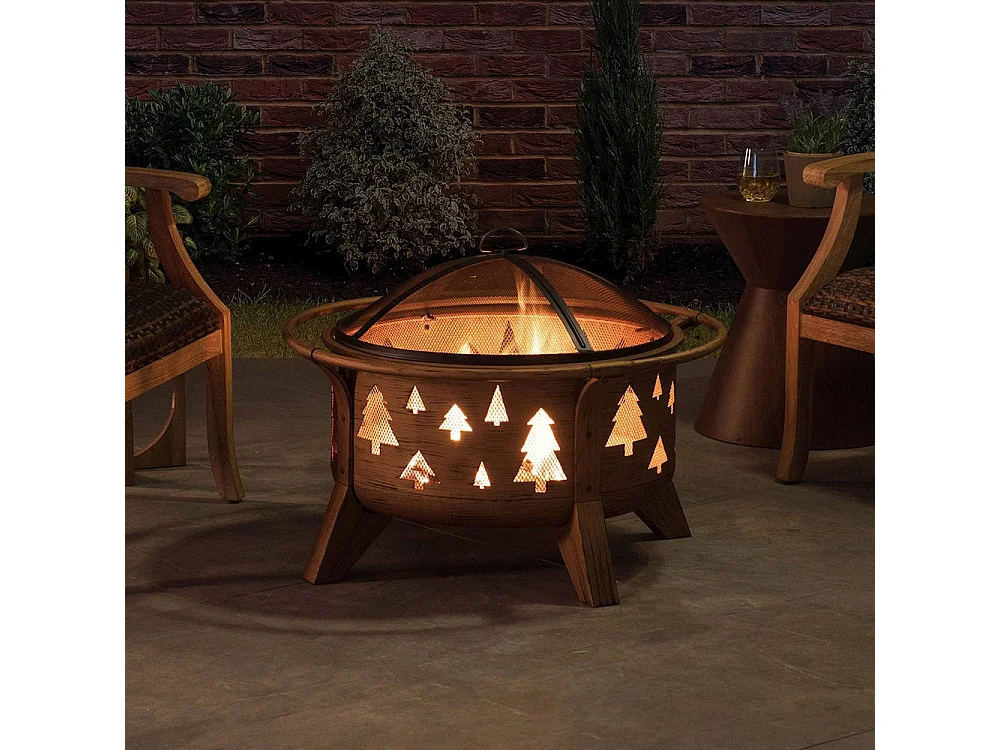 Foyer de Noël ASKJA 76 cm en acier cuivré avec pare-étincelles et tisonnier - Motif arbre