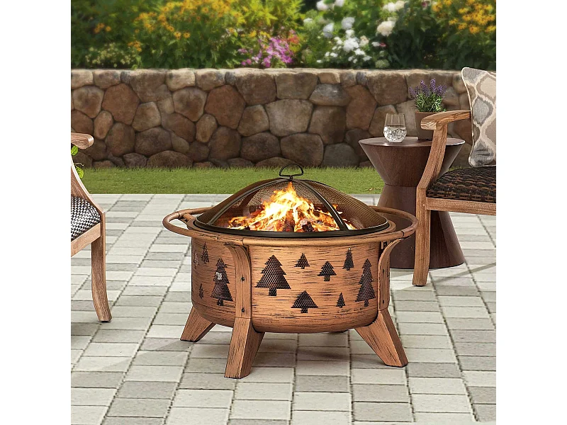 Foyer de Noël ASKJA 76 cm en acier cuivré avec pare-étincelles et tisonnier - Motif arbre