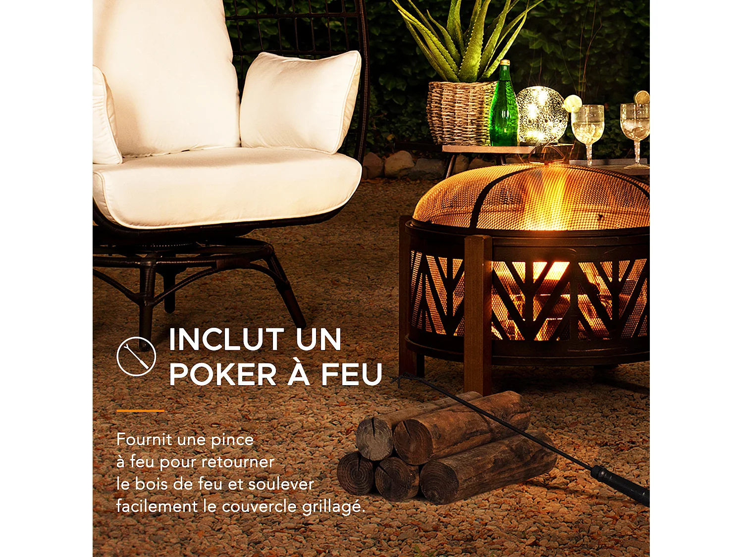 Foyer à bois en acier noir BROMO 79 cm avec pare-étincelles