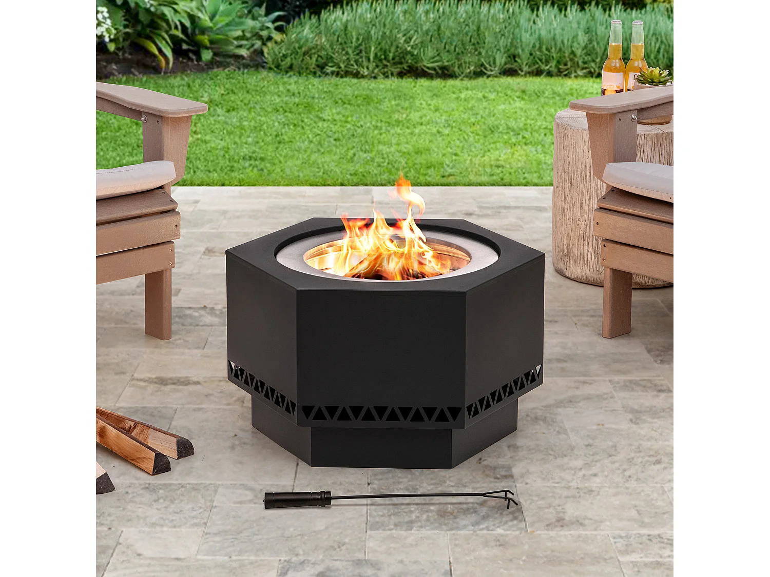 Foyer extérieur sans fumée hexagonal en acier inoxydable AMIATA 66 cm x 57 cm