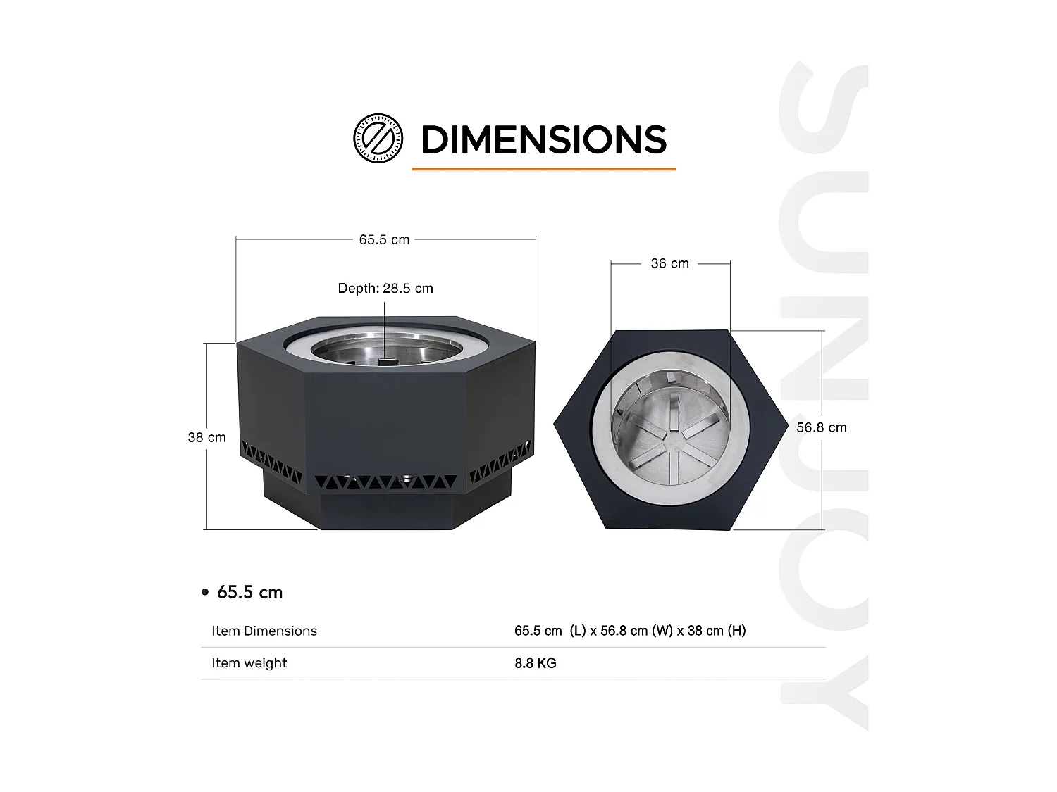 Foyer extérieur sans fumée hexagonal en acier inoxydable AMIATA 66 cm x 57 cm