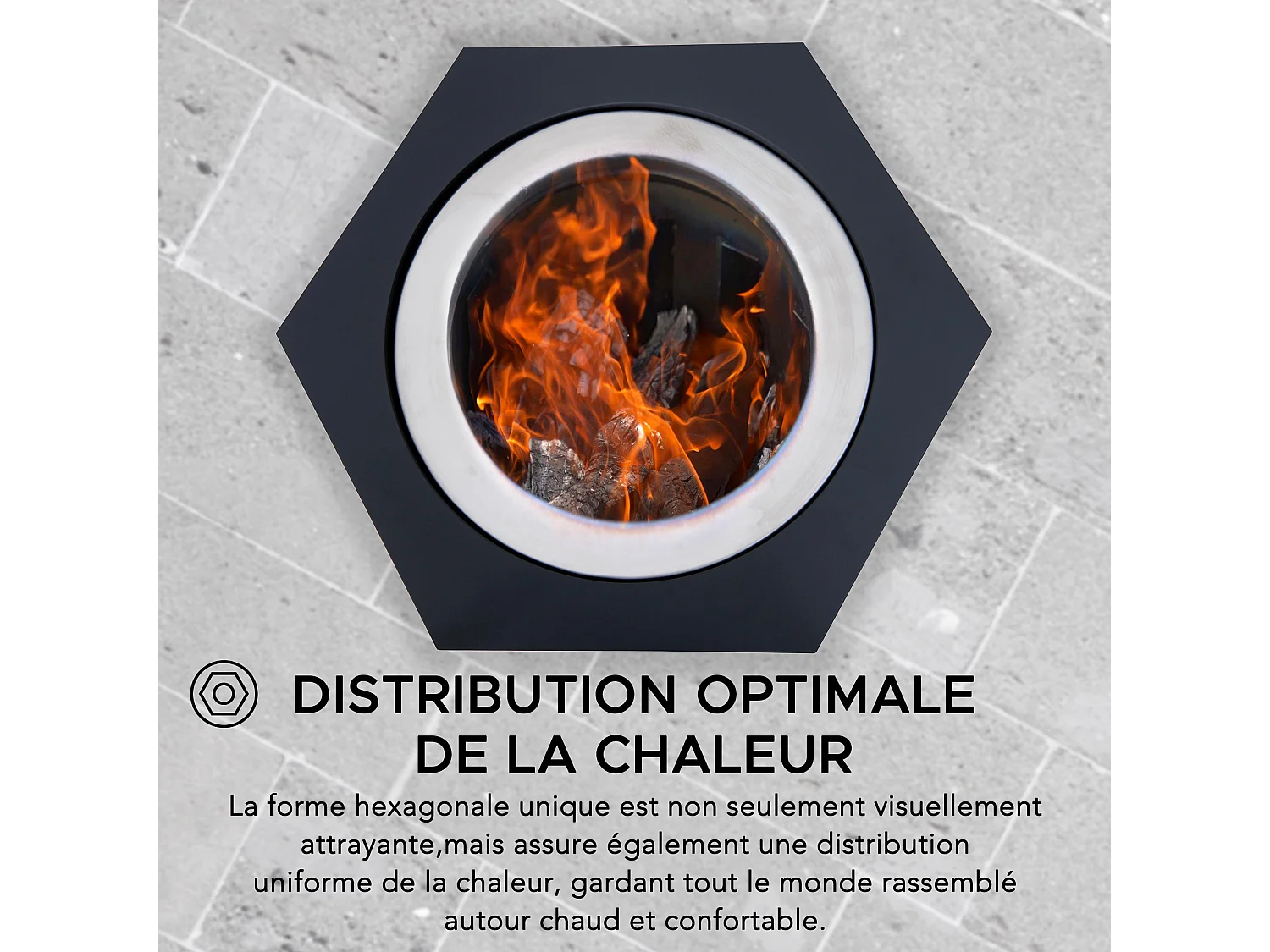 Foyer extérieur sans fumée hexagonal en acier inoxydable AMIATA 66 cm x 57 cm