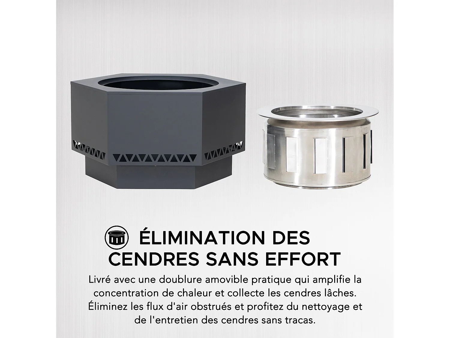 Foyer extérieur sans fumée hexagonal en acier inoxydable AMIATA 66 cm x 57 cm