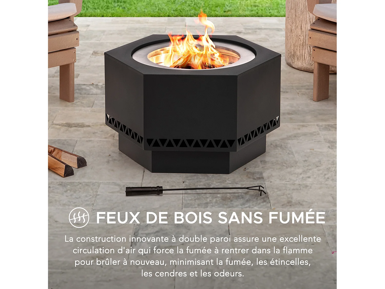 Foyer extérieur sans fumée hexagonal en acier inoxydable AMIATA 66 cm x 57 cm