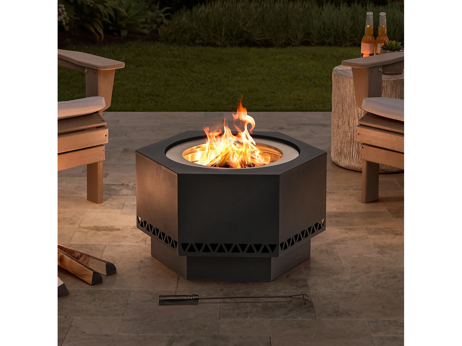 Foyer extérieur sans fumée hexagonal en acier inoxydable AMIATA 66 cm x 57 cm