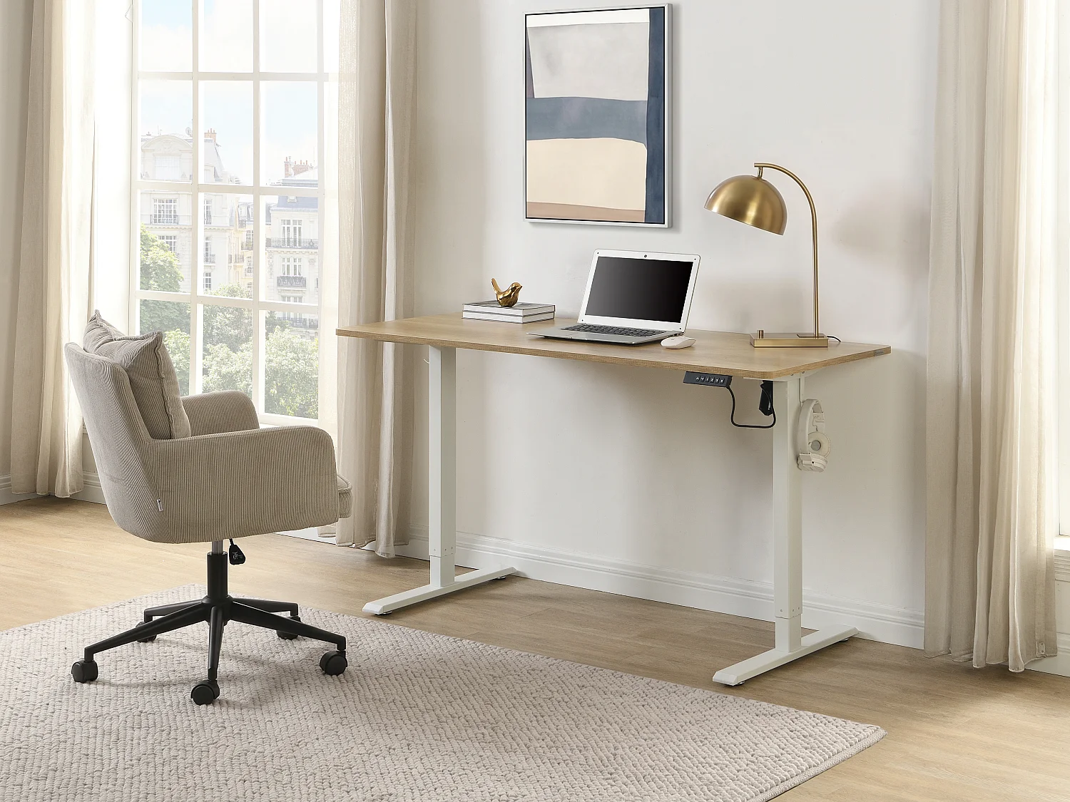 Bureau assis debout électrique – Hauteur réglable – Coloris : Naturel et blanc – ELAVANO