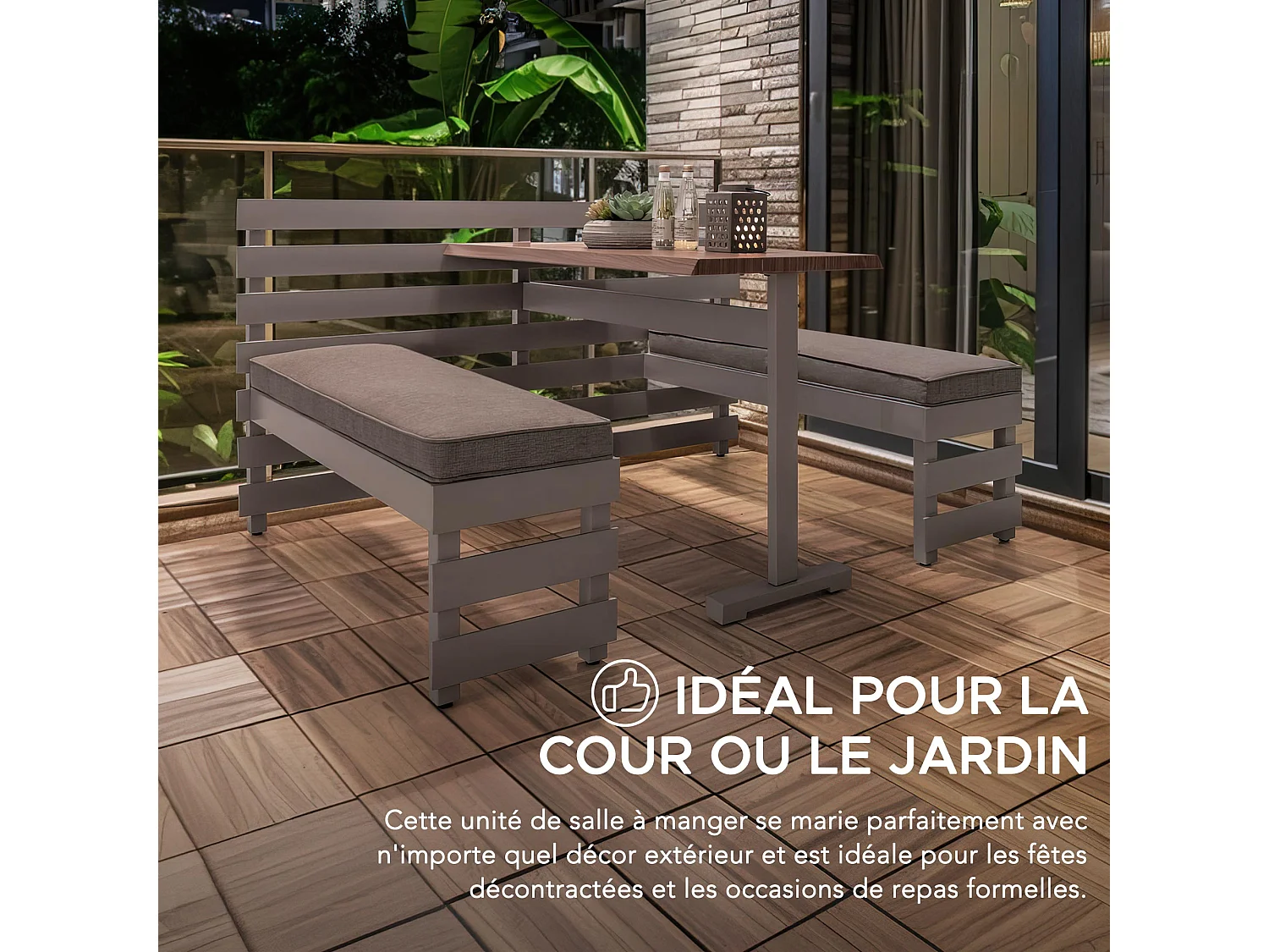 LAGOS Ensemble table de pique-nique et banc de jardin avec coussins, 157 cm x 126 cm