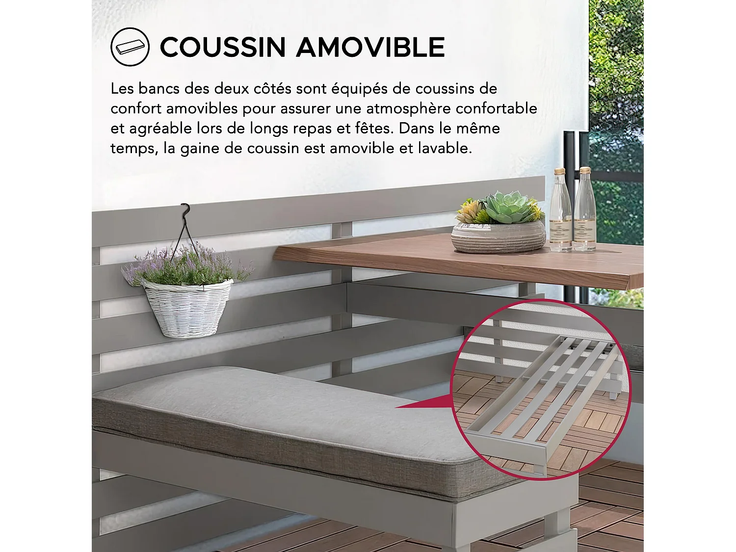 LAGOS Ensemble table de pique-nique et banc de jardin avec coussins, 157 cm x 126 cm