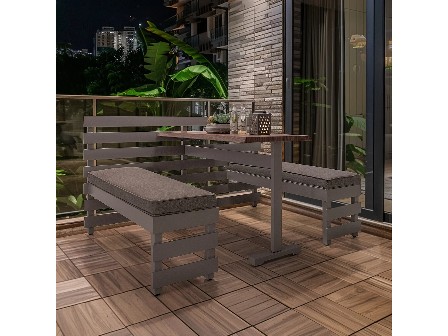 LAGOS Ensemble table de pique-nique et banc de jardin avec coussins, 157 cm x 126 cm