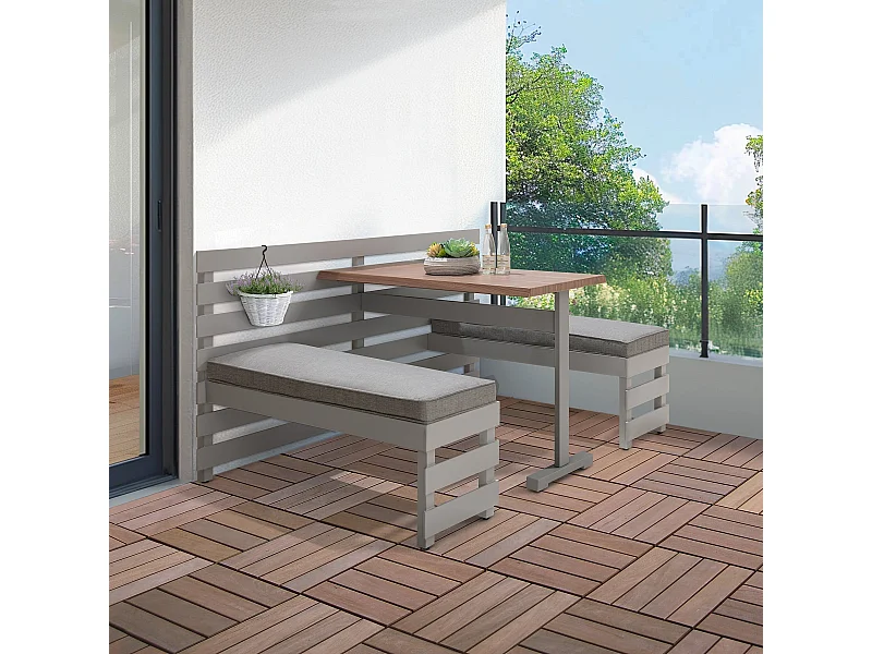 LAGOS Ensemble table de pique-nique et banc de jardin avec coussins, 157 cm x 126 cm