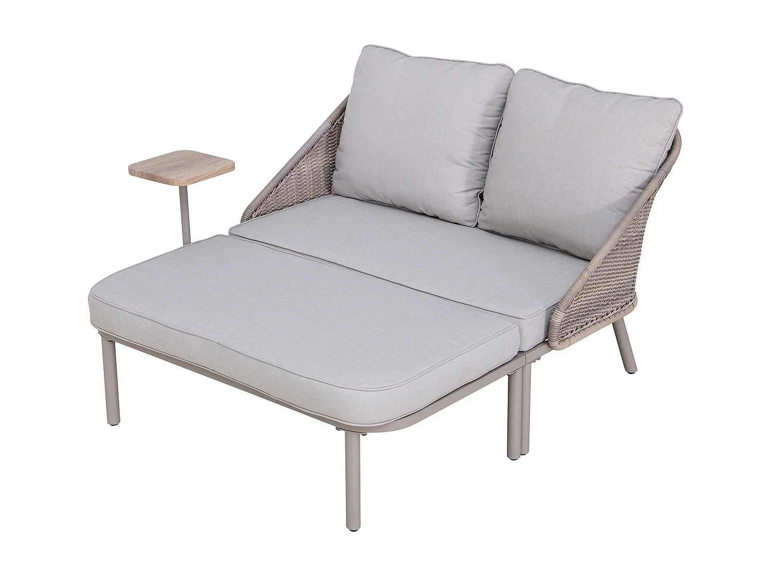 Lit de jour d'extérieur PORTO 142 cm x 128 cm, lit de jour moderne en métal gris pour deux personnes avec coussins, dossier en osier et table d'appoint