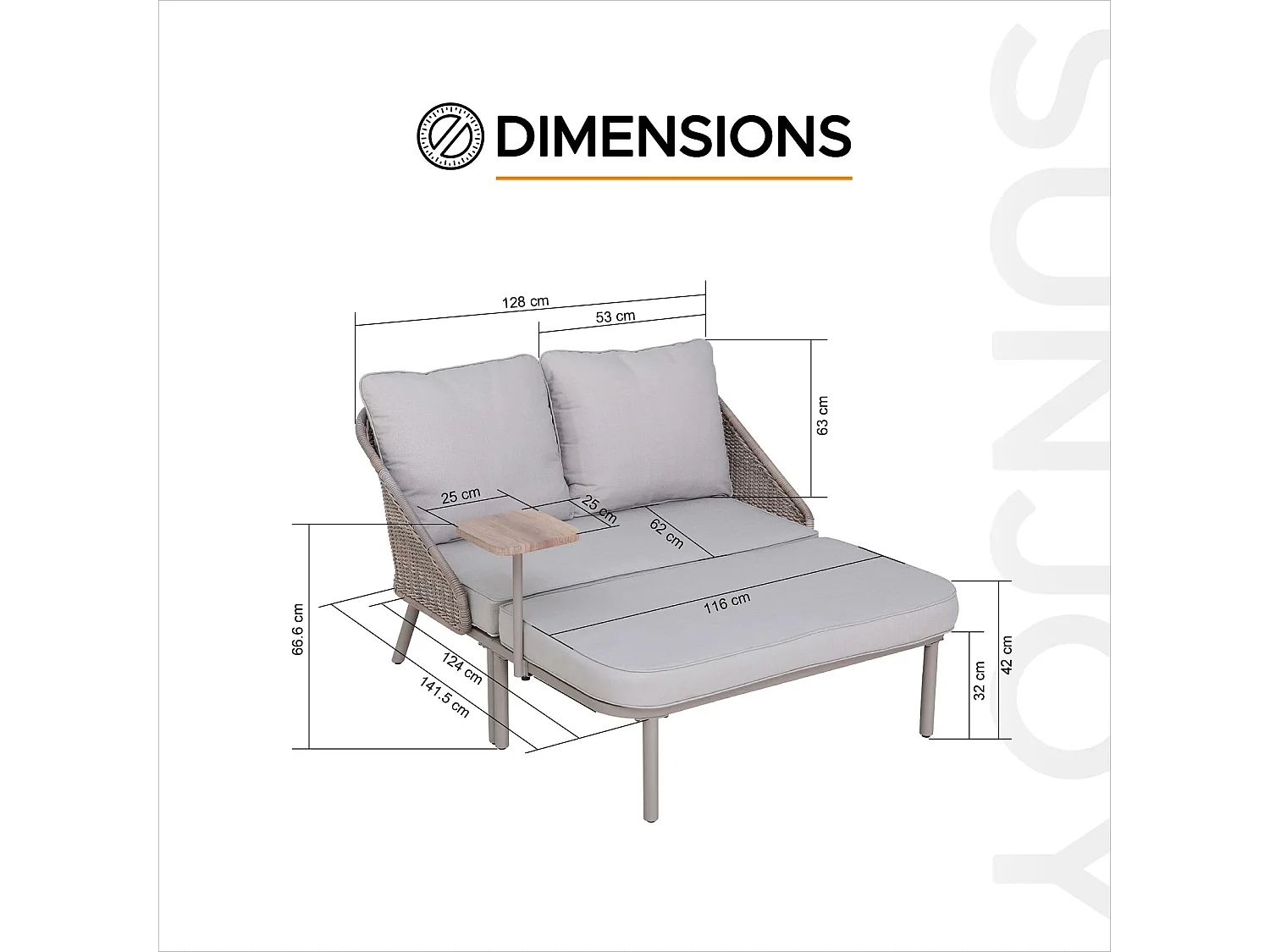 Lit de jour d'extérieur PORTO 142 cm x 128 cm, lit de jour moderne en métal gris pour deux personnes avec coussins, dossier en osier et table d'appoint