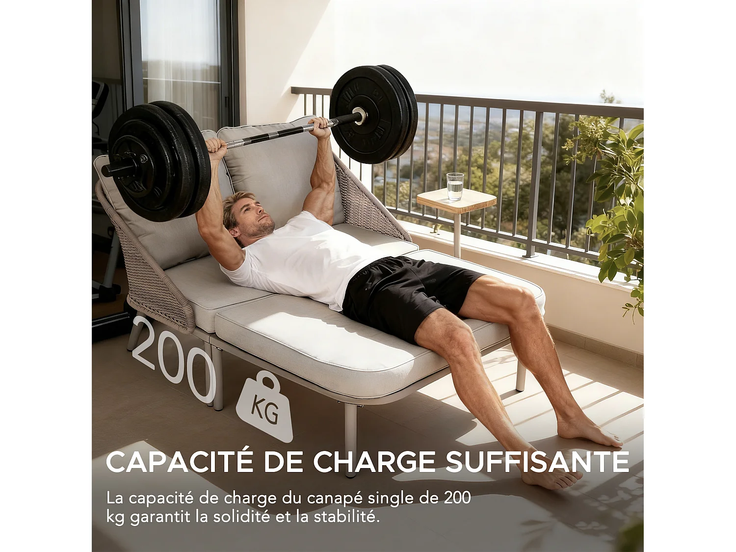 Lit de jour d'extérieur PORTO 142 cm x 128 cm, lit de jour moderne en métal gris pour deux personnes avec coussins, dossier en osier et table d'appoint