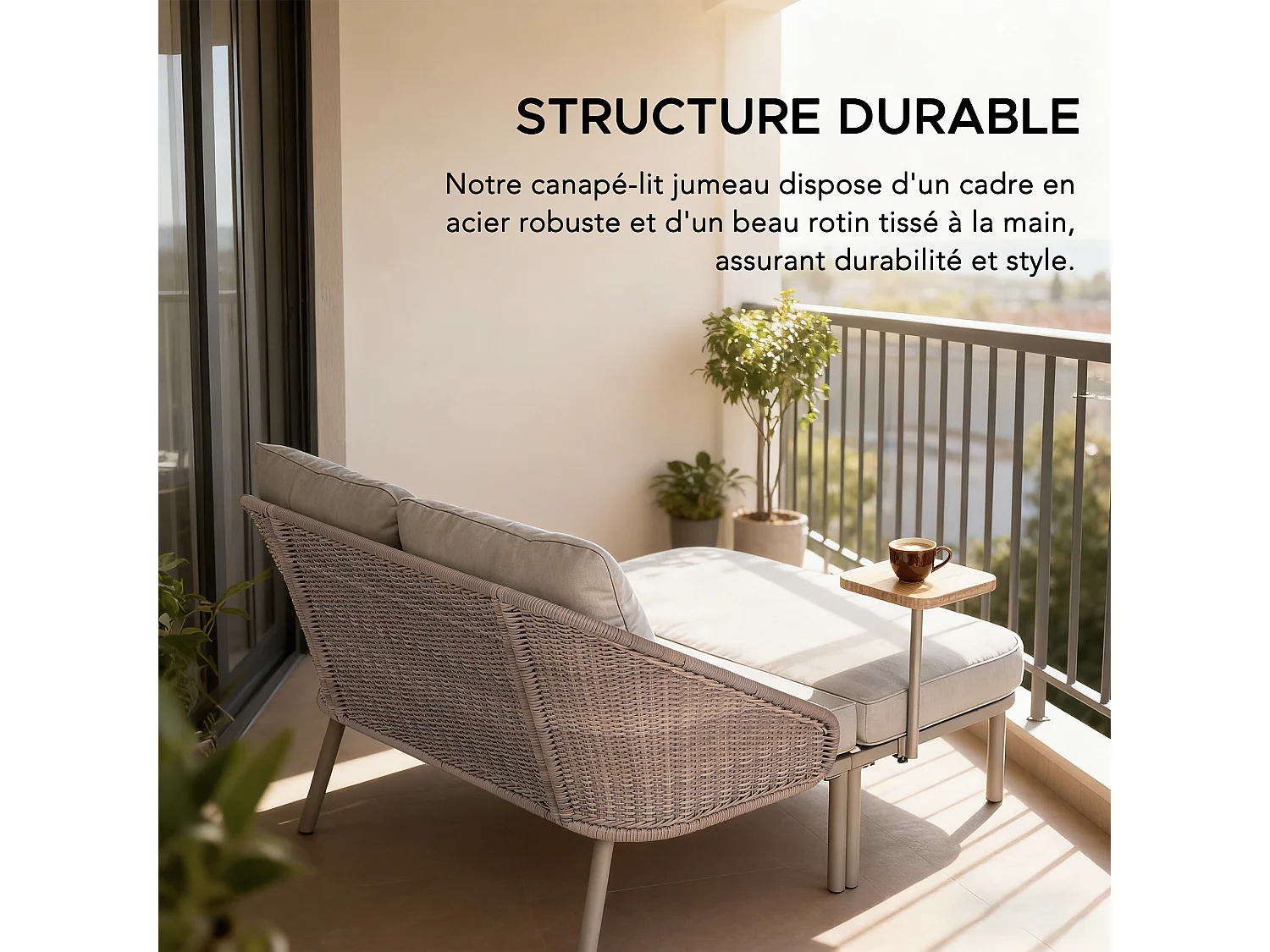 Lit de jour d'extérieur PORTO 142 cm x 128 cm, lit de jour moderne en métal gris pour deux personnes avec coussins, dossier en osier et table d'appoint