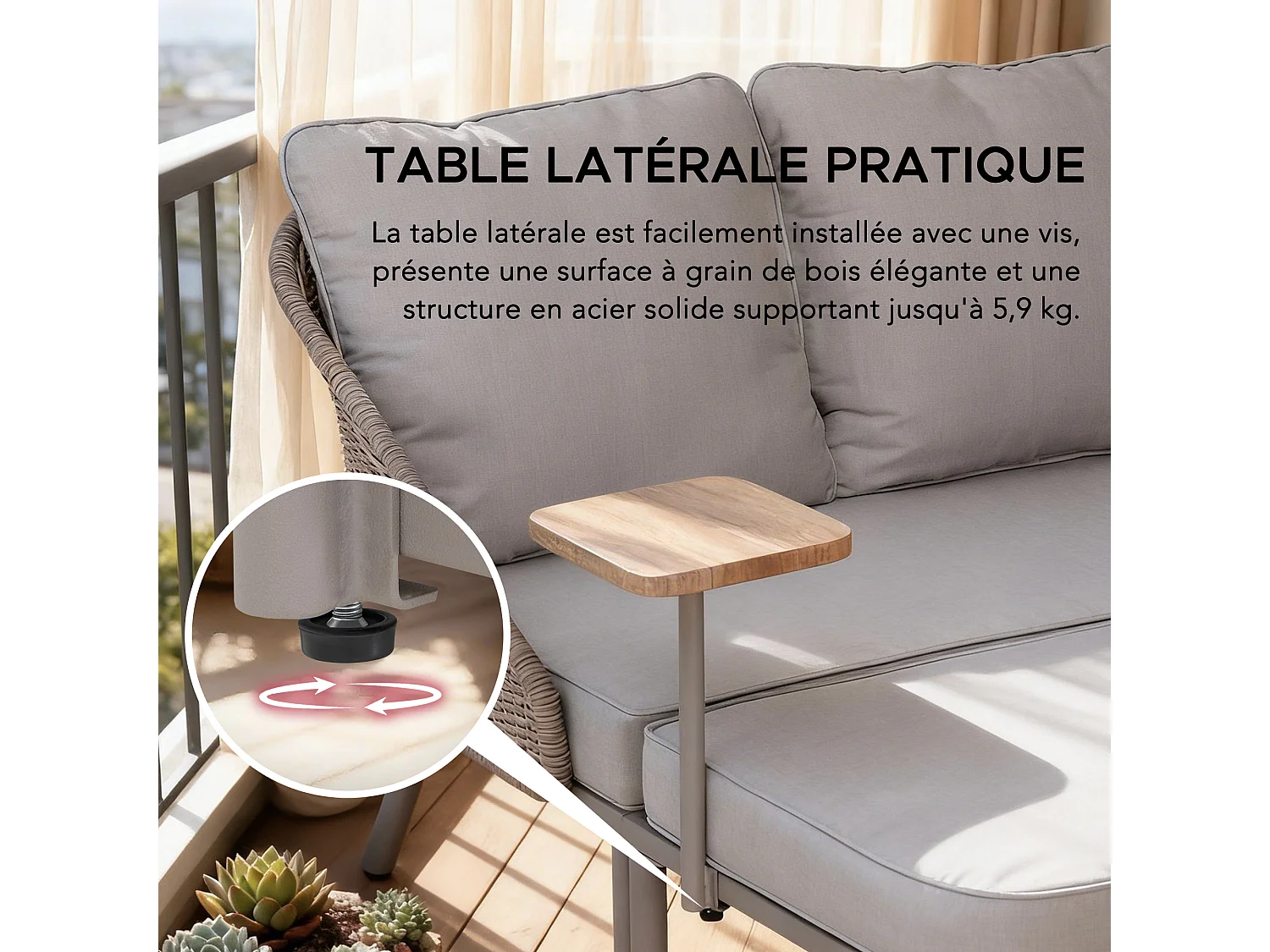 Lit de jour d'extérieur PORTO 142 cm x 128 cm, lit de jour moderne en métal gris pour deux personnes avec coussins, dossier en osier et table d'appoint