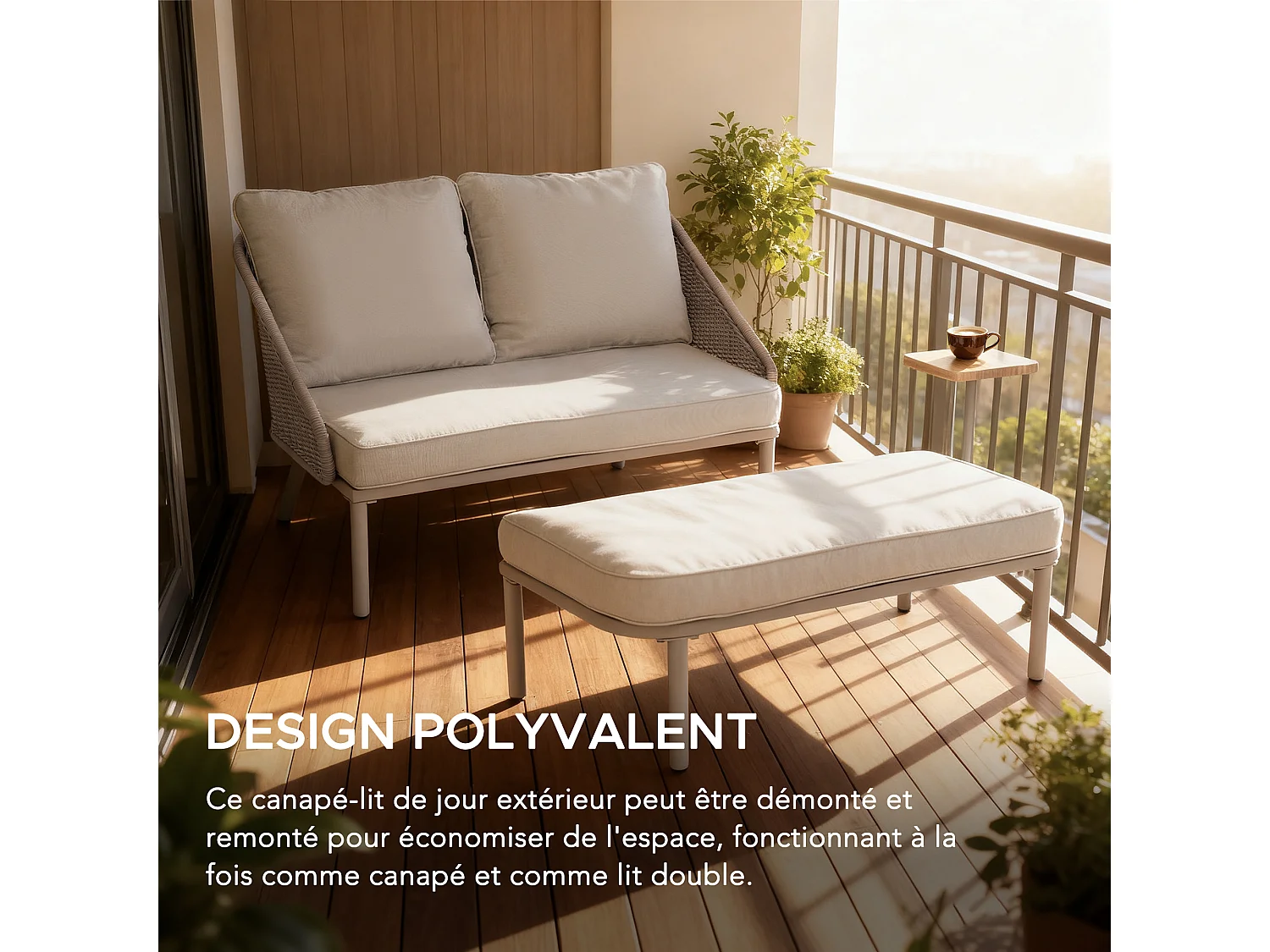 Lit de jour d'extérieur PORTO 142 cm x 128 cm, lit de jour moderne en métal gris pour deux personnes avec coussins, dossier en osier et table d'appoint