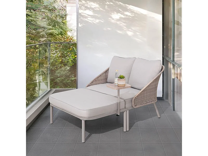 Lit de jour d'extérieur PORTO 142 cm x 128 cm, lit de jour moderne en métal gris pour deux personnes avec coussins, dossier en osier et table d'appoint