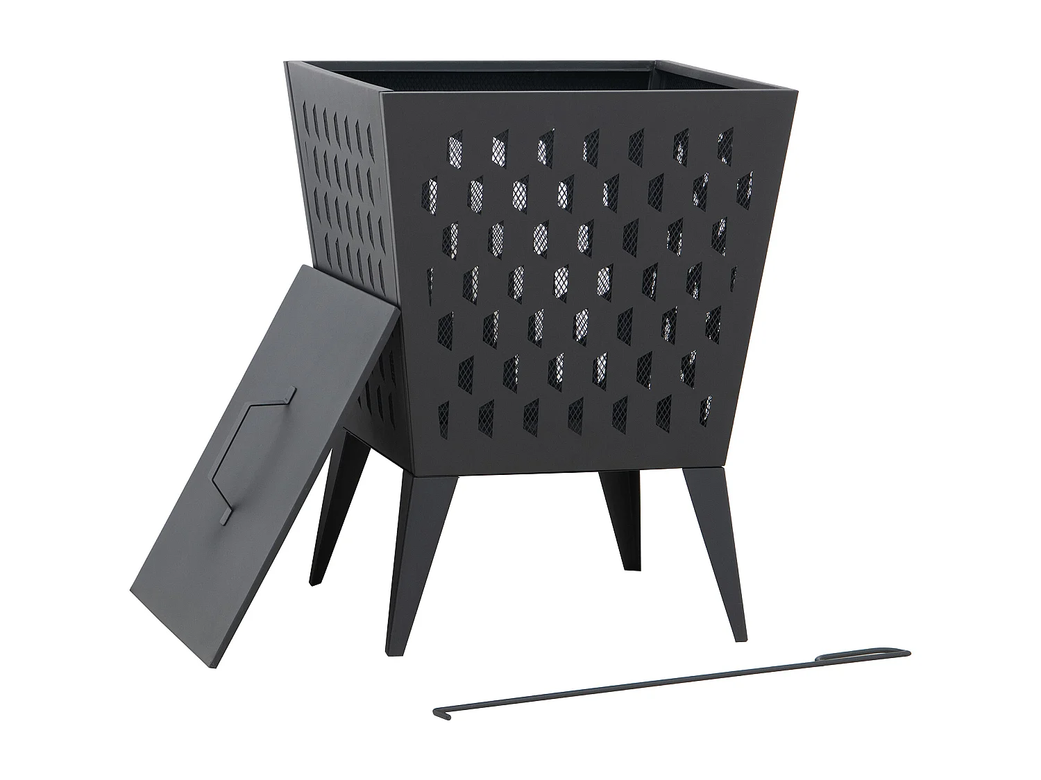 Foyer carré en acier ALBANI 46 cm avec couvercle et tisonnier