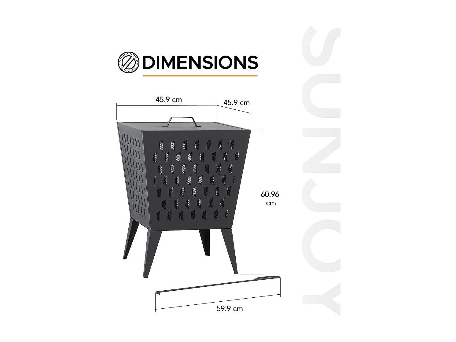 Foyer carré en acier ALBANI 46 cm avec couvercle et tisonnier