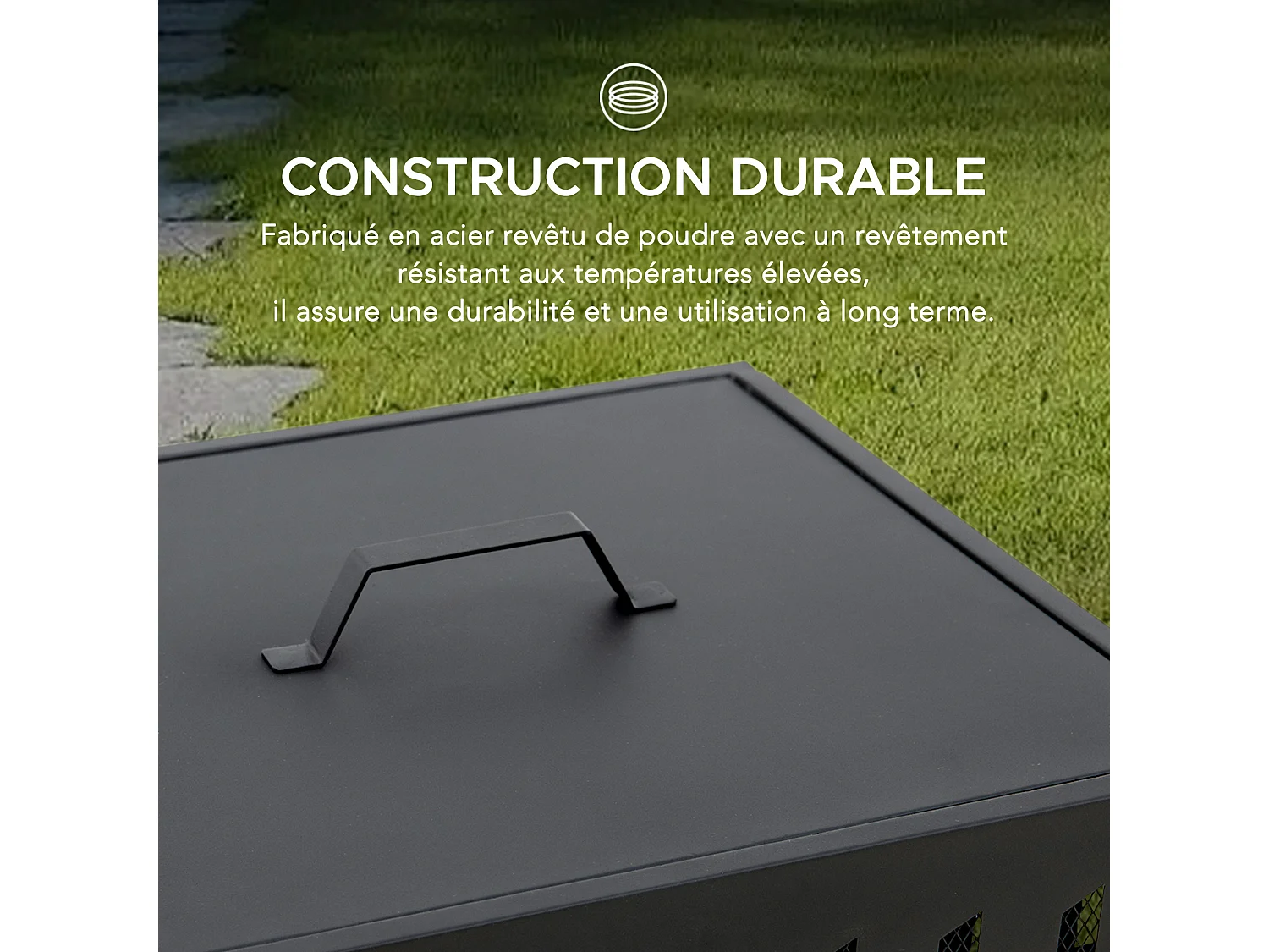 Foyer carré en acier ALBANI 46 cm avec couvercle et tisonnier